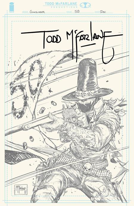GUNSLINGER SPAWN #50 CVR H INC 1:1000 TODD MCFARLANE SIGNED PENCIL VAR WITH CVR A-G INCLUDED, CVR E 1:50, CVR F 1:100 AND CVR G 1:250