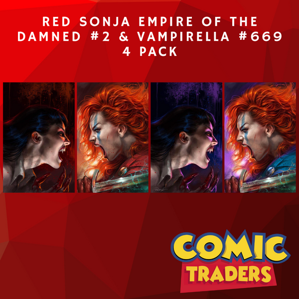VAMPIRELLA #669/RED SONJA EMPIRE OF THE DAMNED #2 LUCIO PARRILLO EXCLUSIVE VIRGIN VARIANT 4 PACK (5/29/2024) SHIPS 6/29/2024